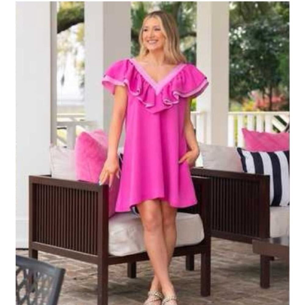 Emily McCarthy Kensington Dress Fuchsia Ruffled V-Neck Pink